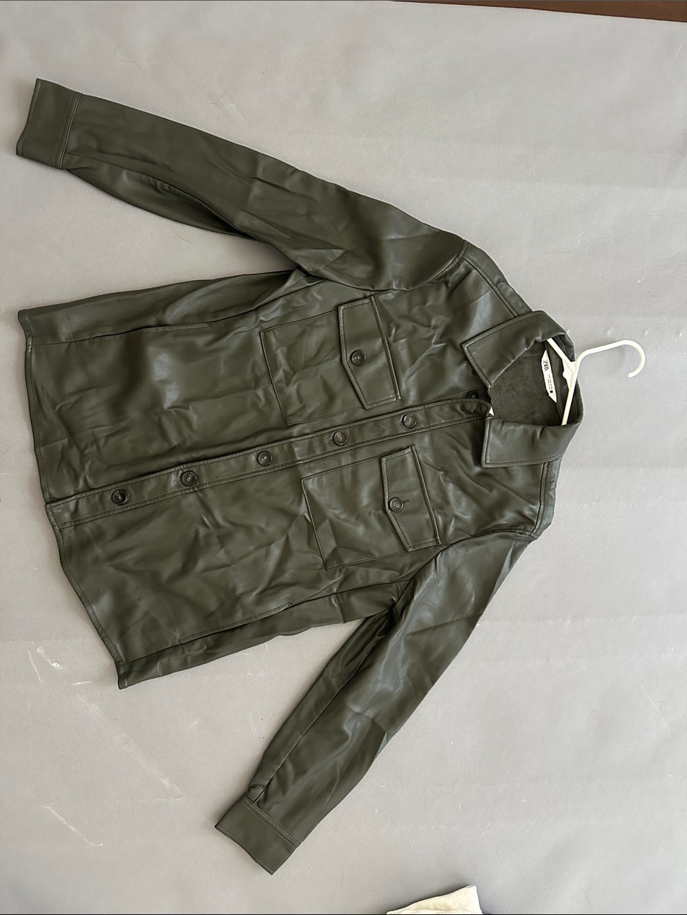 Zara Men’s Olive Faux Leather Trucker Jacket